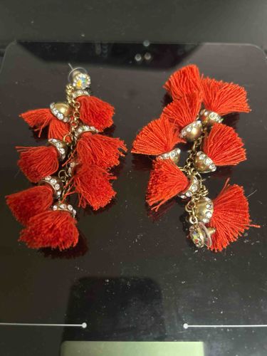 Red Tassel Dangle Earrings with Rhinestone Accents