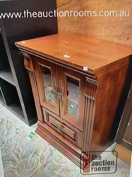 Carved Wooden Display Cabinet with Glass Doors and Drawer