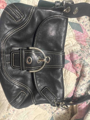 Coach Black Leather Shoulder Bag with White Contrast Stitching