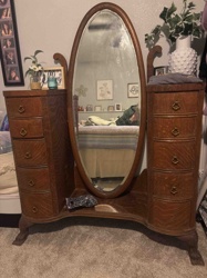 Antique Oval Mirror Vanity with Dresser Drawers