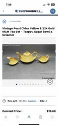 Vintage Pearl China Yellow & 22k Gold Mid-Century Modern Tea Set (Teapot, Sugar Bowl & Creamer)