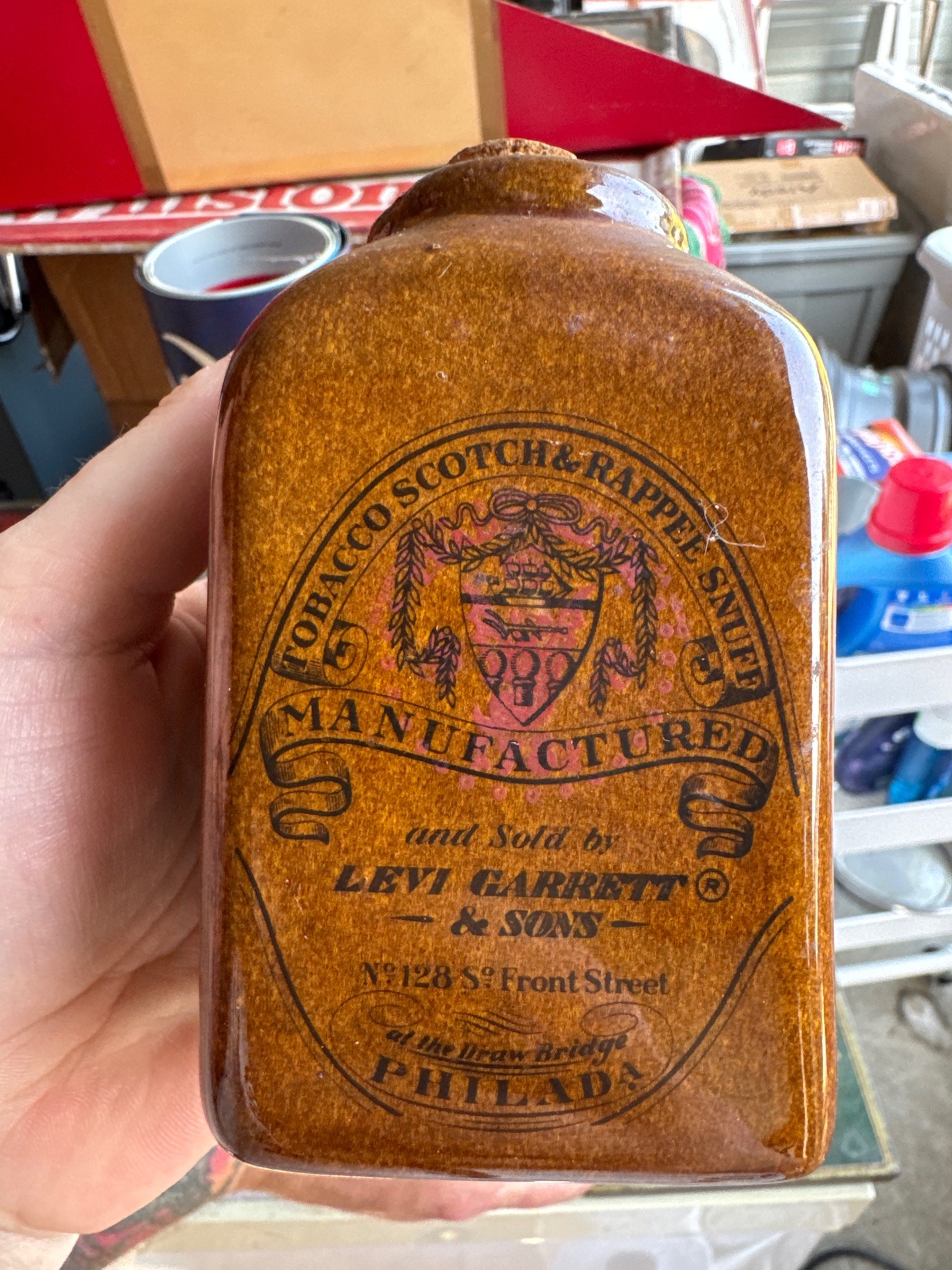 Submitted photo of Glazed Stoneware Snuff Jar, Levi Garrett & Sons Print Style