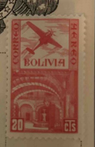 Bolivian Cents Airmail Stamp with Airplane and Archway Scene