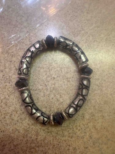 Beaded Stretch Bracelet with Patterned Barrel Beads and Dark Faceted Beads
