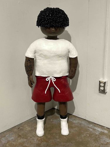 Full-Body Stoneware Figural Sculpture, 'Boy with Curly Hair'