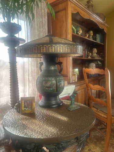 Arts and Crafts Style Table Lamp with Japanese Cloisonné Base and Mica Shade