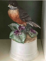 American Robin Figurine on Faux Pot Base with Violets