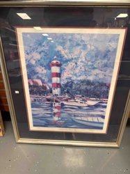 Framed Art Print: Lighthouse Harbor Scene