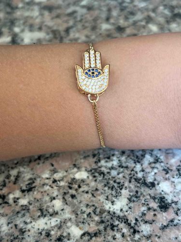 Gold-Toned Hamsa Hand Charm Bracelet with Cubic Zirconia and Evil Eye Motif
