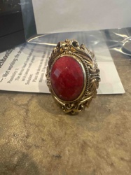 Gold-Toned Statement Ring with Red Oval Faceted Gemstone