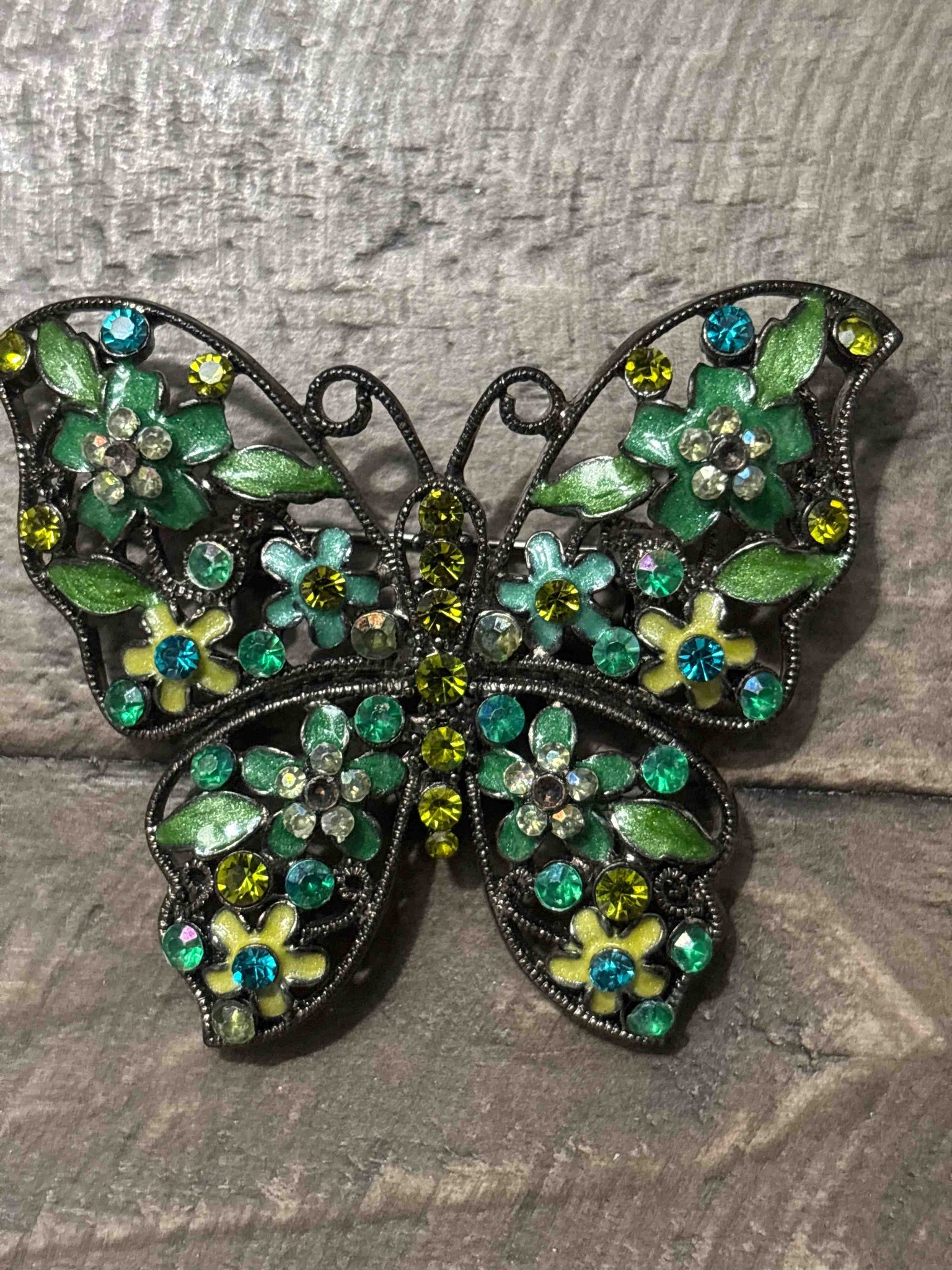 Vintage-Style Floral Enameled Butterfly Brooch