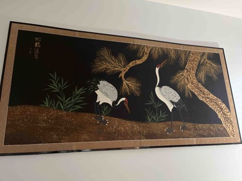 Japanese Byobu Style Cranes and Pine Tree Lacquer Panel