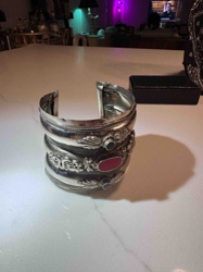 Indian or Middle Eastern Style Repoussé Silver-Toned Cuff Bracelet with Gemstone Inlays