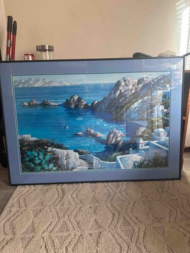 Framed Coastal Seascape Print with Mediterranean Village