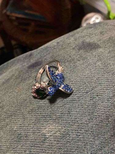 Silver-Tone Hummingbird and Flower Ring with Blue, Green, and Pink Gemstones