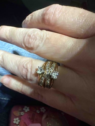 14k Yellow Gold and Platinum Double Heart Diamond Multi-Row Ring