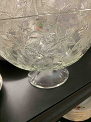 Footed Glass Punch Bowl with Embossed Leaf Pattern