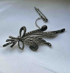 Silver Marcasite Floral Bouquet Brooch with Safety Chain