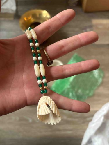 Alaskan Native Hand-Carved Ivory Pendant Necklace with Green and Gold Beads