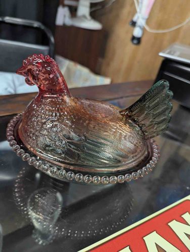 Iridescent Pressed Glass Hen-on-Nest Covered Dish