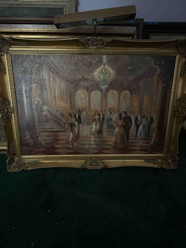Opulent Ballroom Scene Painting with Gilded Frame