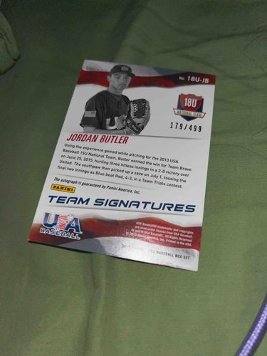 2015 Panini USA Baseball Team Signatures Jordan Butler - 18U-JB (Numbered 179/499)