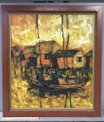 Boat Sunset Oil Painting on Canvas, Signed 24x36
