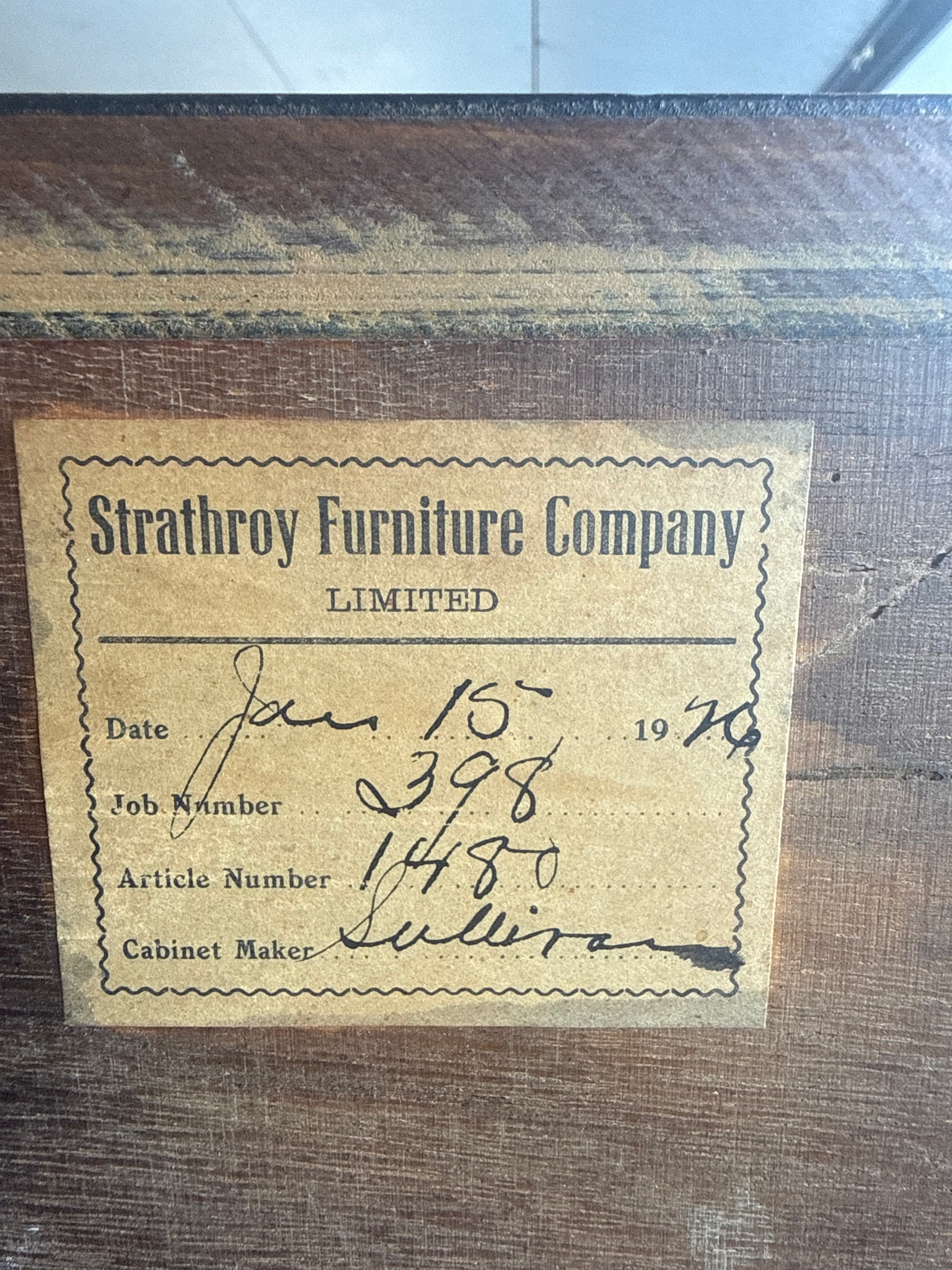 Submitted photo of Wooden furniture piece, attributed to Strathroy Furniture Company (unverified)