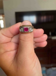 Men's Vintage Three-Stone Ring with Square-Cut Fuchsia Gemstone and Diamond Accents