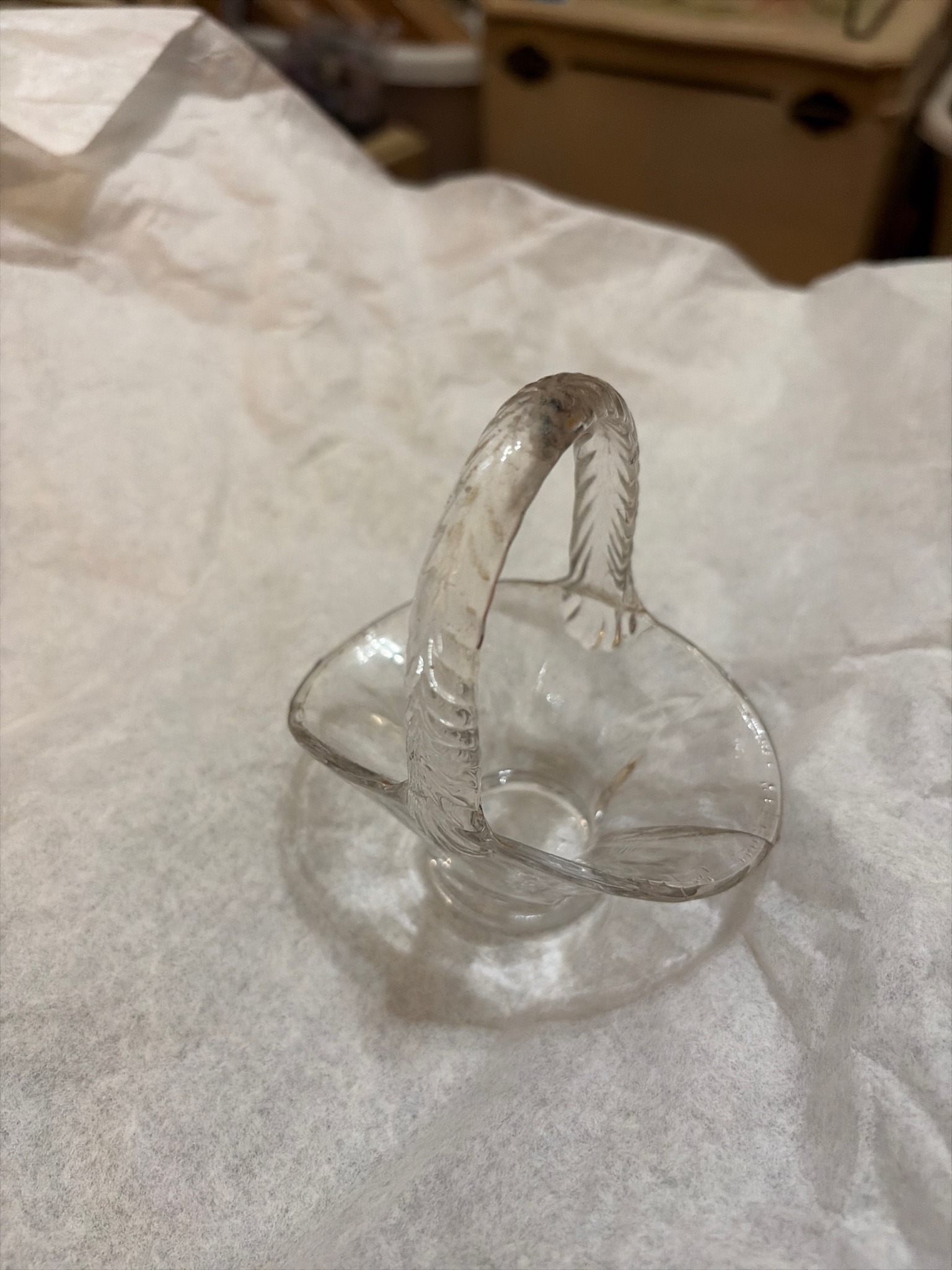 Submitted photo of Pressed clear glass miniature handled basket