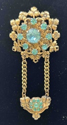 Vintage Coro Aqua Rhinestone Brooch with Dangle