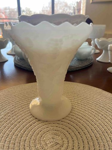 Vintage Fenton Silver Crest White Milk Glass Grapes and Leaves Vase