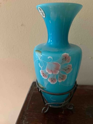 Teal Milk Glass Vase with Floral Hand-Painting in Wrought Iron Stand