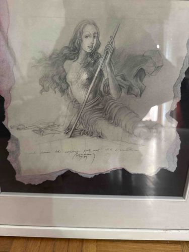 Framed Graphite and Mixed Media Drawing of a Female Figure