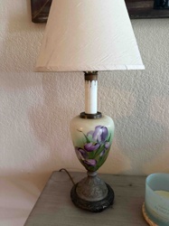 Vintage Hand-Painted Iris Milk Glass Table Lamp with Embossed Metal Base