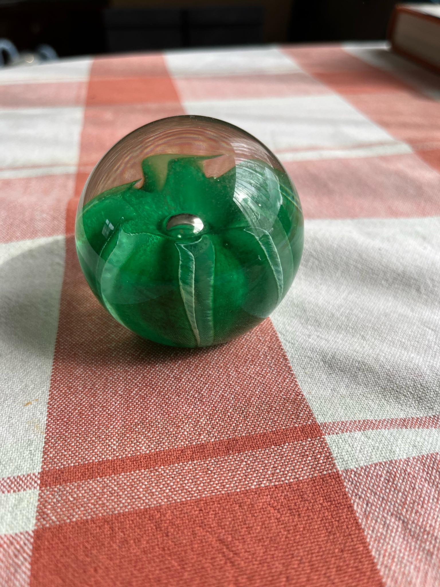 Controlled Bubble Green Art Glass Paperweight