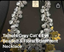 Talbots Gray Cat's Eye Beaded & Floral Statement Necklace