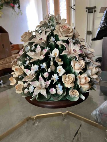 Porcelain Floral Arrangement Centerpiece on Wood Base