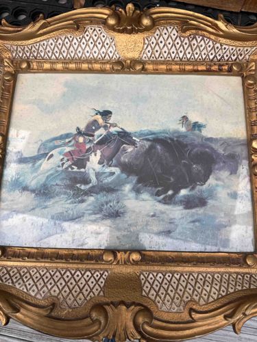 Framed Western Illustration of a Buffalo Hunt