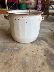 Vintage Enameled Metal Chamber Pot with Faceted Sides and Red Rim