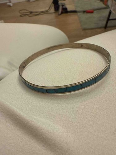 Mexican Alpaca Silver and Turquoise Inlay Bangle Bracelet