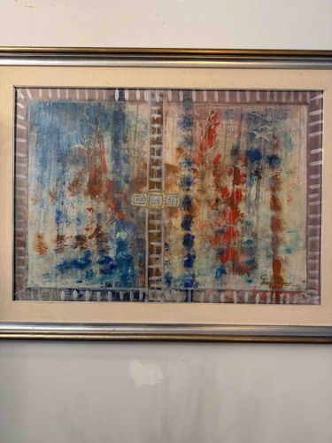 Mid-Century Modern Abstract Oil Painting with Geometrical Motif