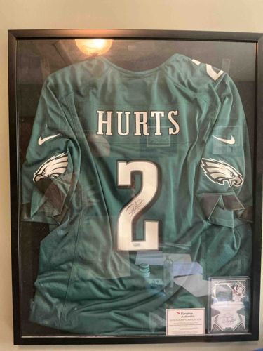 Jalen Hurts Autographed Rookie Jersey and Rookie Autographed Patch Card Display