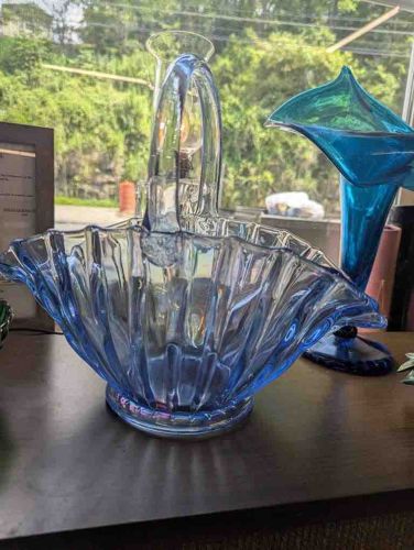 Pale Blue Rippled Glass Basket with Handle