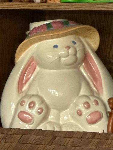 Ceramic Bunny Rabbit Cookie Jar with Straw Hat