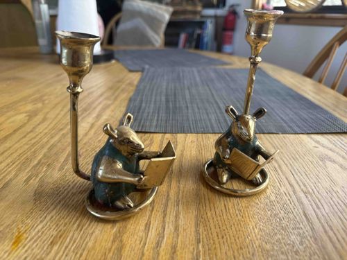 Pair of Brass Mouse Reading Candlesticks