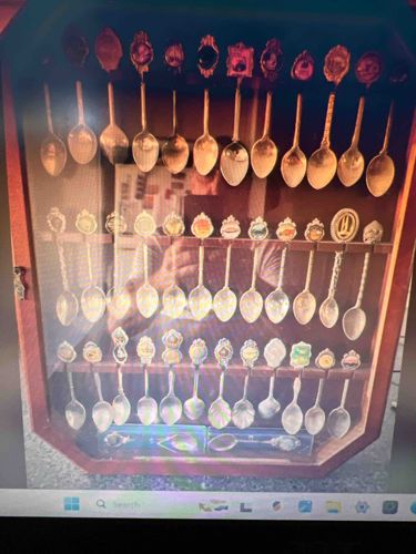 Vintage Souvenir Spoon Collection in Wooden Display Cabinet