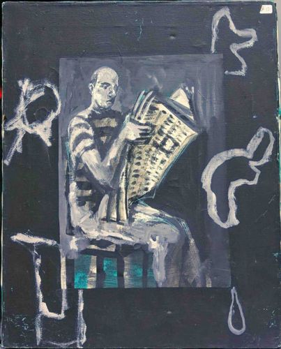 Untitled Expressionist Mixed Media Painting of a Man Reading