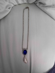 Rhinestone and Faux Sapphire Pendant Necklace with Faux Pearl Drop