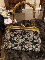 Embroidered Rose Fabric Handbag with Bamboo Handle